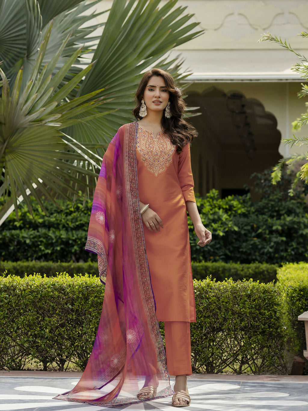 The52 Orange Women's Gorgeous Embroidered Rayon Fabric with Straight Kurta, Pant and Dupatta Set