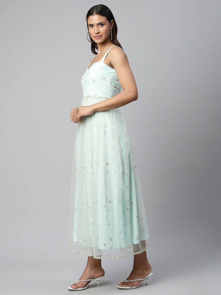 Ahalyaa Women Summer Blue Net Glitter Printed Dress