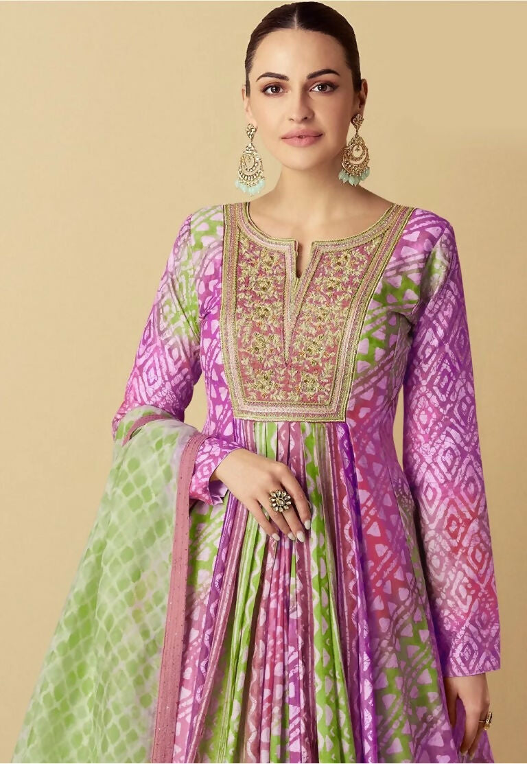 Vastranavya Lavender Muslin Printed Sequins Beads Work Abaya Style Anarkali Suit