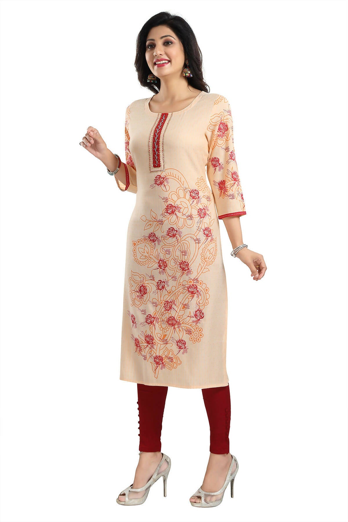 Snehal Creations Pleasing Peach Rayon Textured Print Long Kurta For Women
