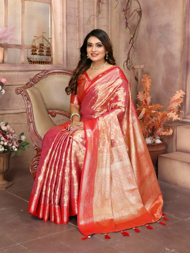 Anaita Pink Tissue Silk With Zari Weaving Saree With Blouse