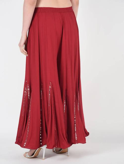 Mominos Fashion Maroon Viscose Rayon Flared Palazzo with Mirror Lace Work