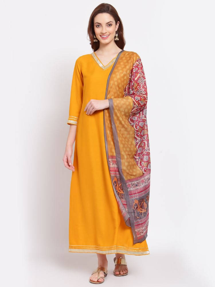 Myshka Women's Yellow Printed Silk Blend 3/4 Sleeve V Neck Casual Kurta Dupatta Set