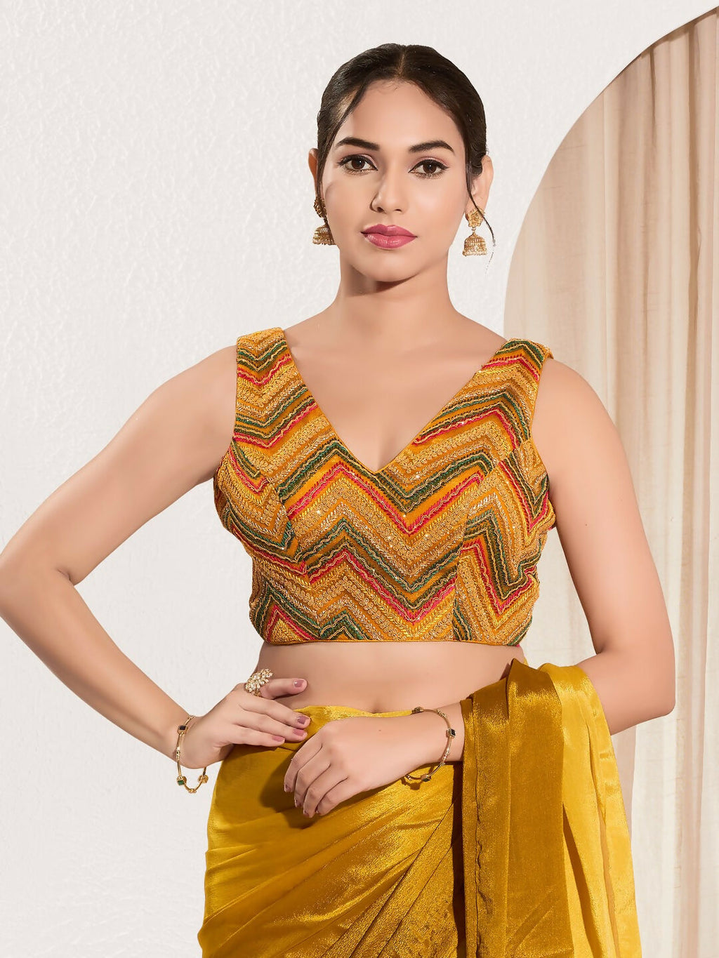Joban Fashion Mustard Net Padded Blouse With V Neck Sleeveless