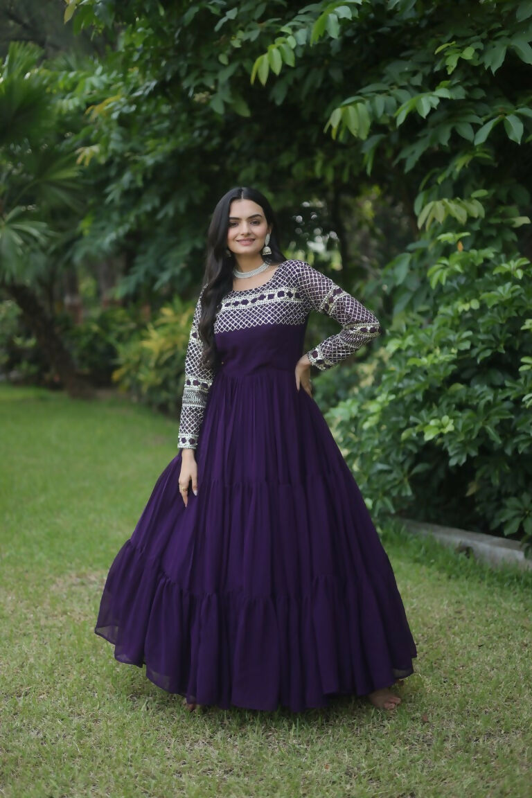 Jyoti Fashion Women's Purple Sequins Zari Embroidered Faux Georgette Anarkali Dress