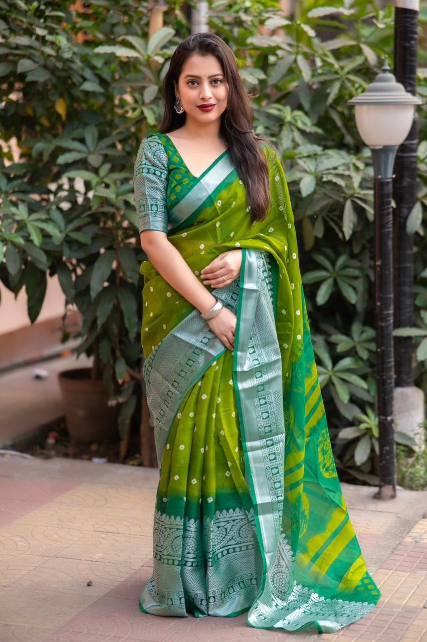 Green Jute Silk Ethnic Motifs Saree with Unstitched Blouse - Hiral Fashion