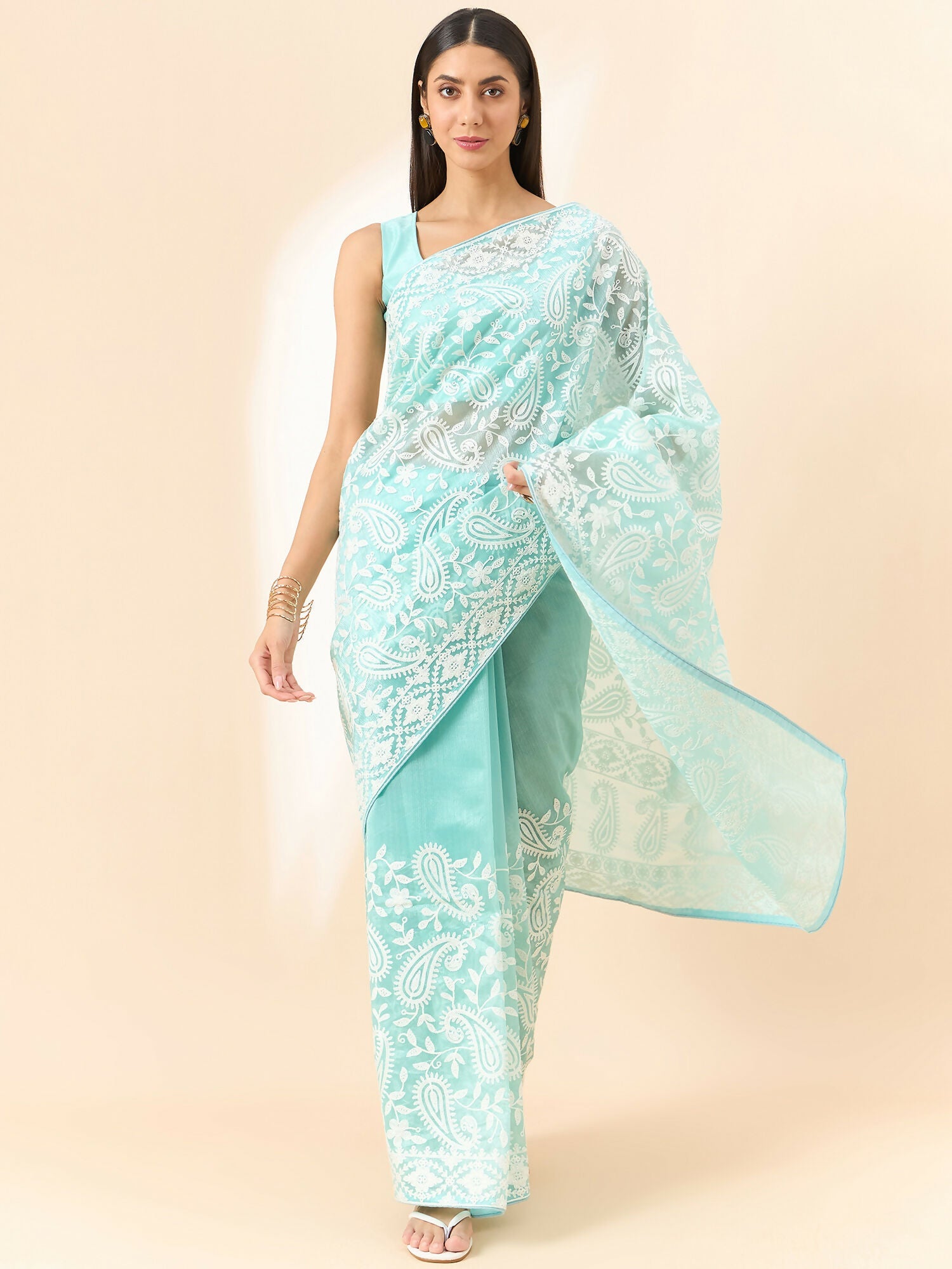 Blue Organza Paisely Embroidered Saree with Unstitched Blouse Piece - Roozal
