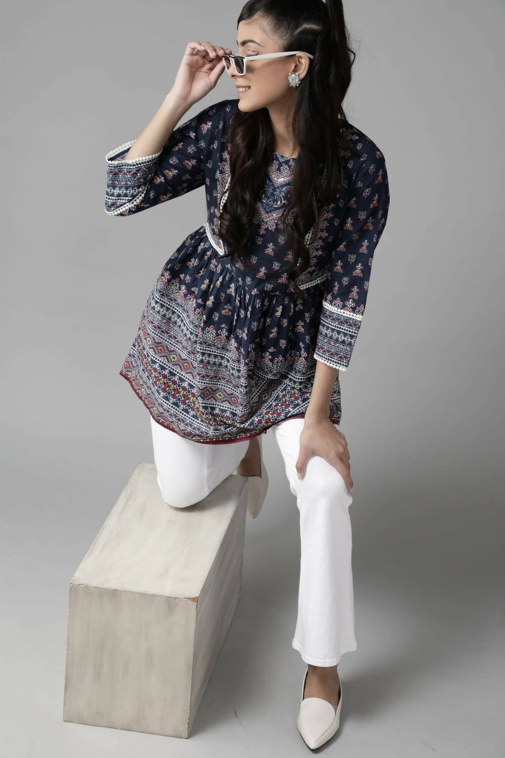 Juniper Women Indigo Cambric Printed A-Line Tunic