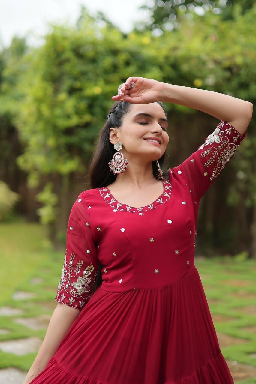 Vastranavya Premium Designer Faux Blooming with Embroidery Zari Sequins work Gown - Red