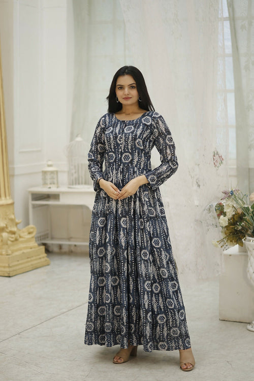 Aayaa Printed Faux Georgette with Embroidery Thread Sequins work Gown - Multi Color