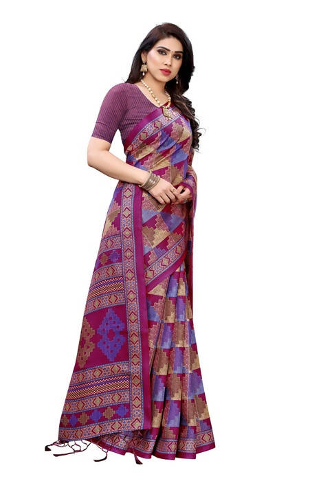Vamika Multicolor Kalamkari Print With Jhalar Khadi Silk Saree (TANISHA WINE)