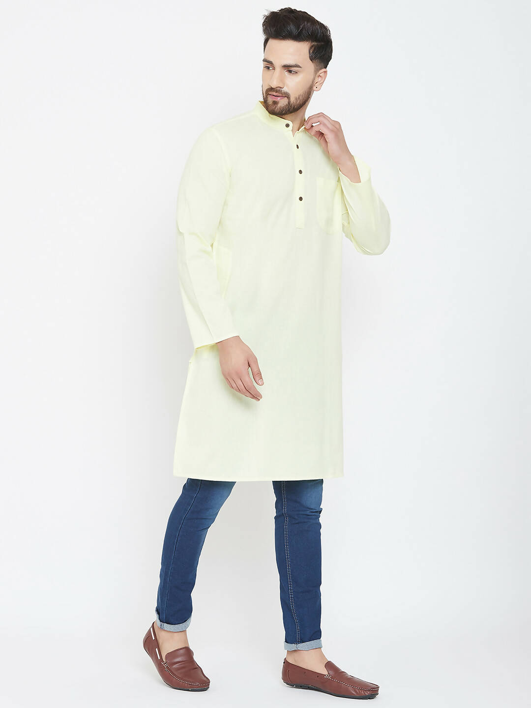 Even Apparels Yellow Color Men's Pure Cotton Kurta With Band Collar
