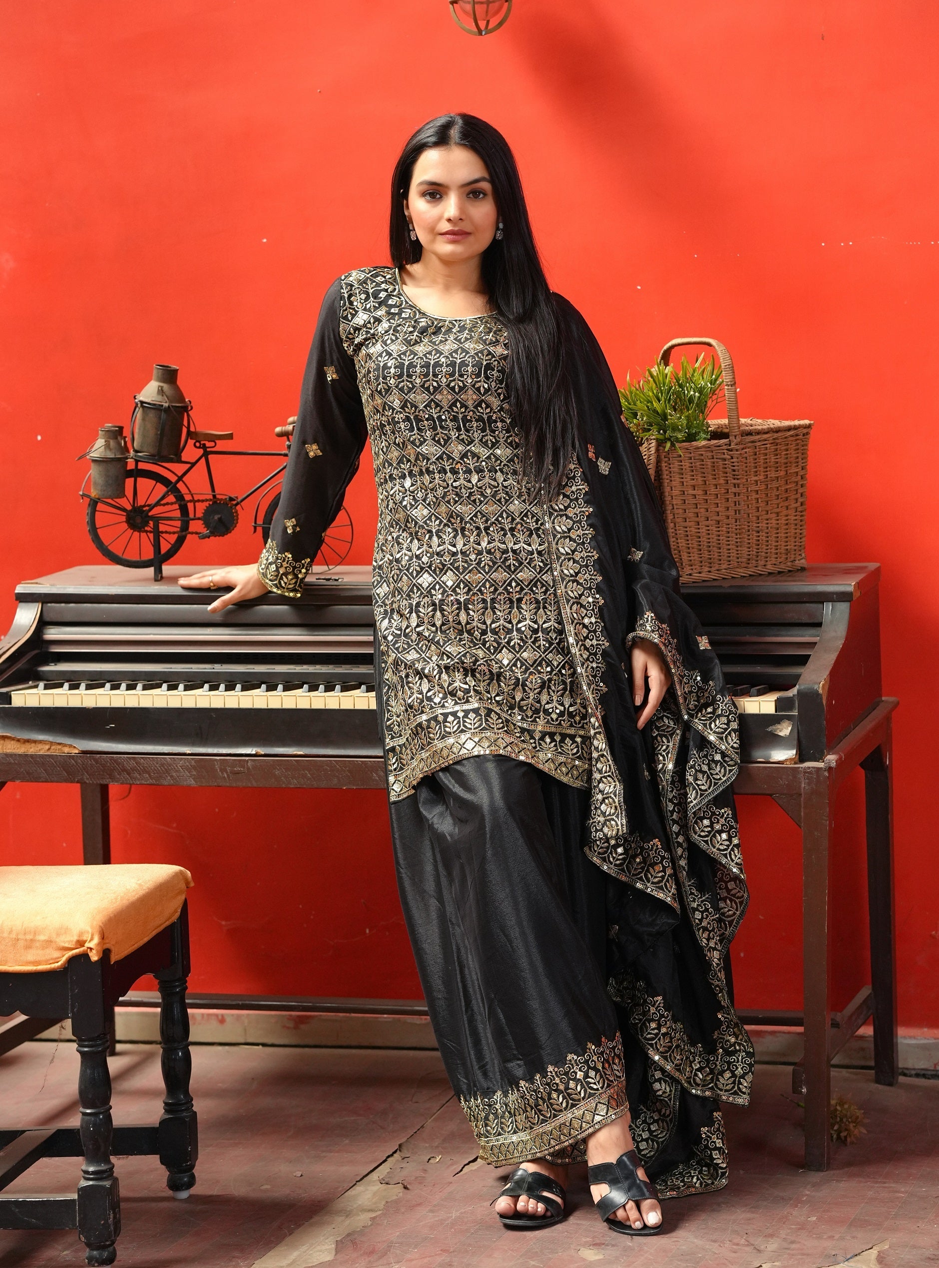 Lehenga Mart Designer Chinon Sharara Suit With Sequence Embroidered Work - Black