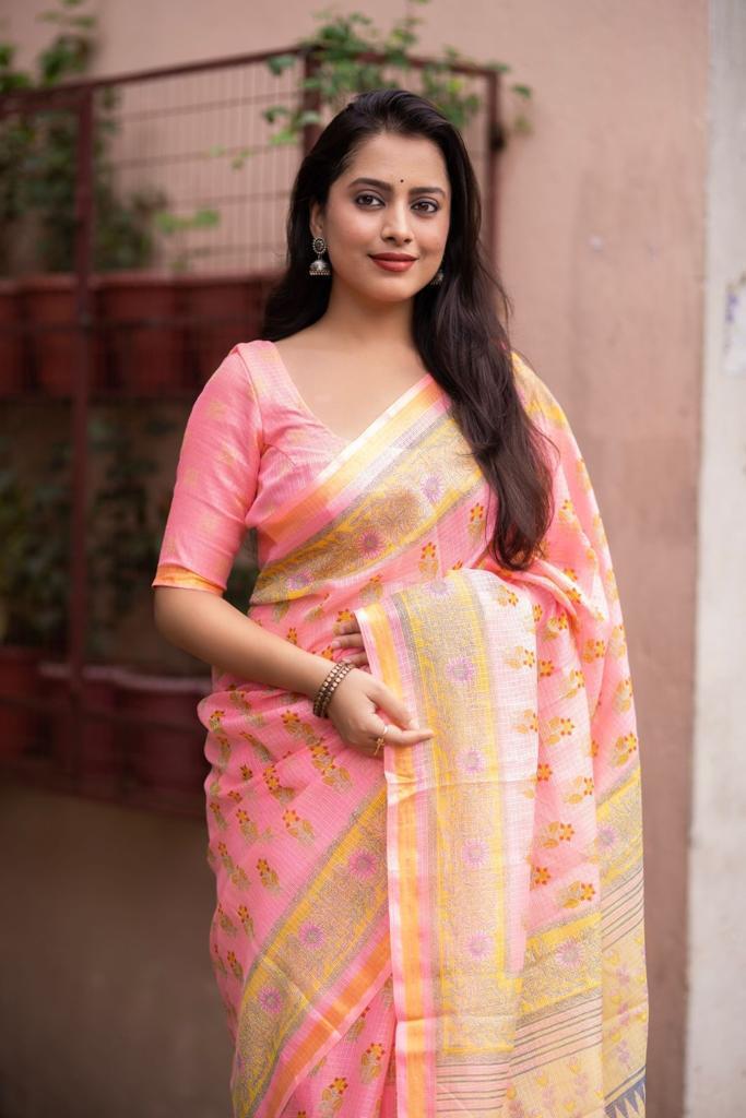 Pink Silk Blend Geometric Saree with Unstitched Blouse - A2M