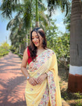 Vamsee Chinon Panchi Light Yellow Shimmer Saree