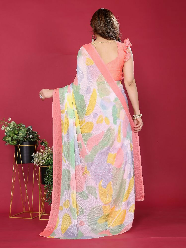 PR Fashion Peach Moss Chiffon Printed Saree