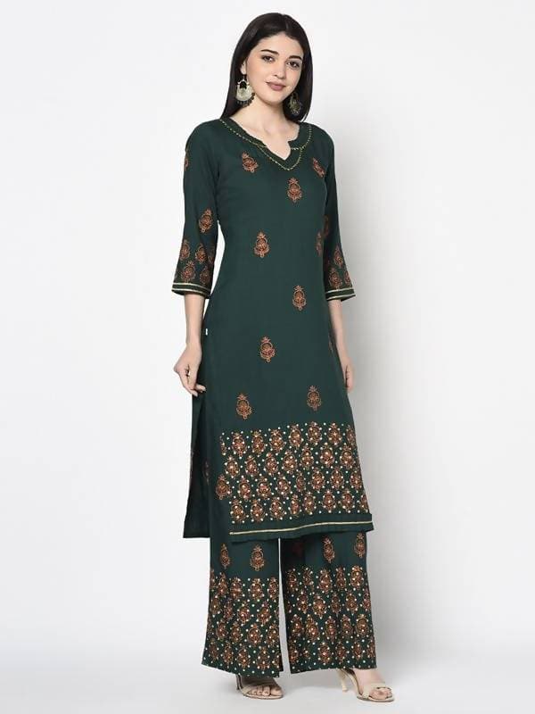 Aniyah Rayon Bottle Green Block Print Straight Kurta (AN-218K)