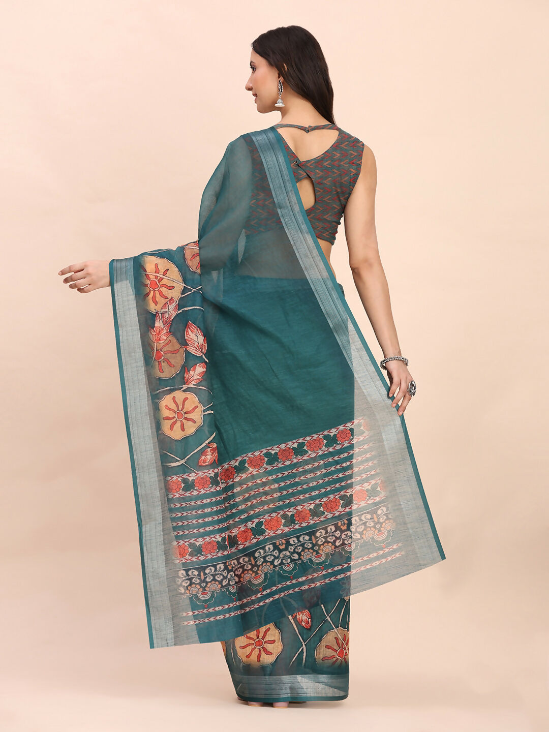 Shree Shyam Fashion Linen Cotton Teal Blue Saree