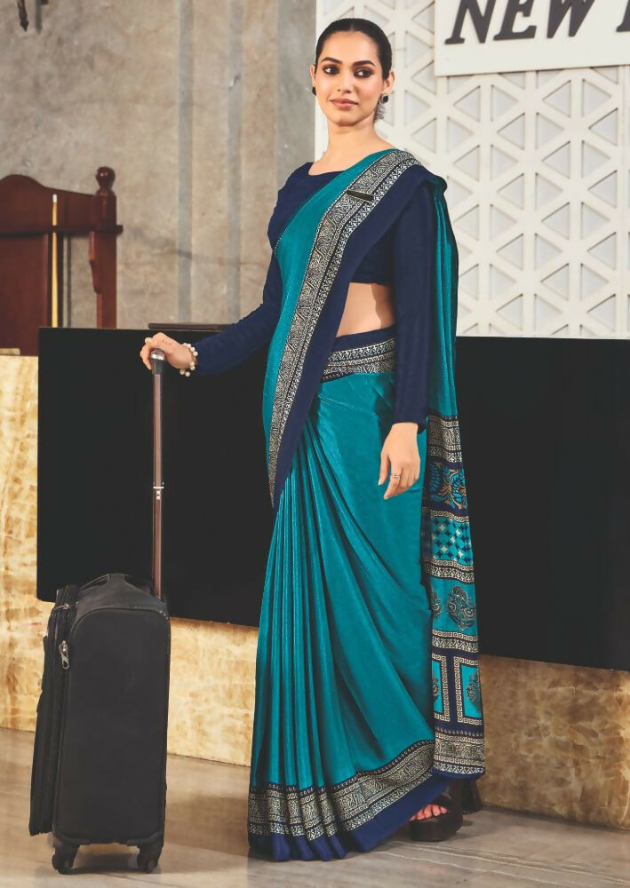Joban Fashion Blue Crepe Silk with Traditional Print Saree