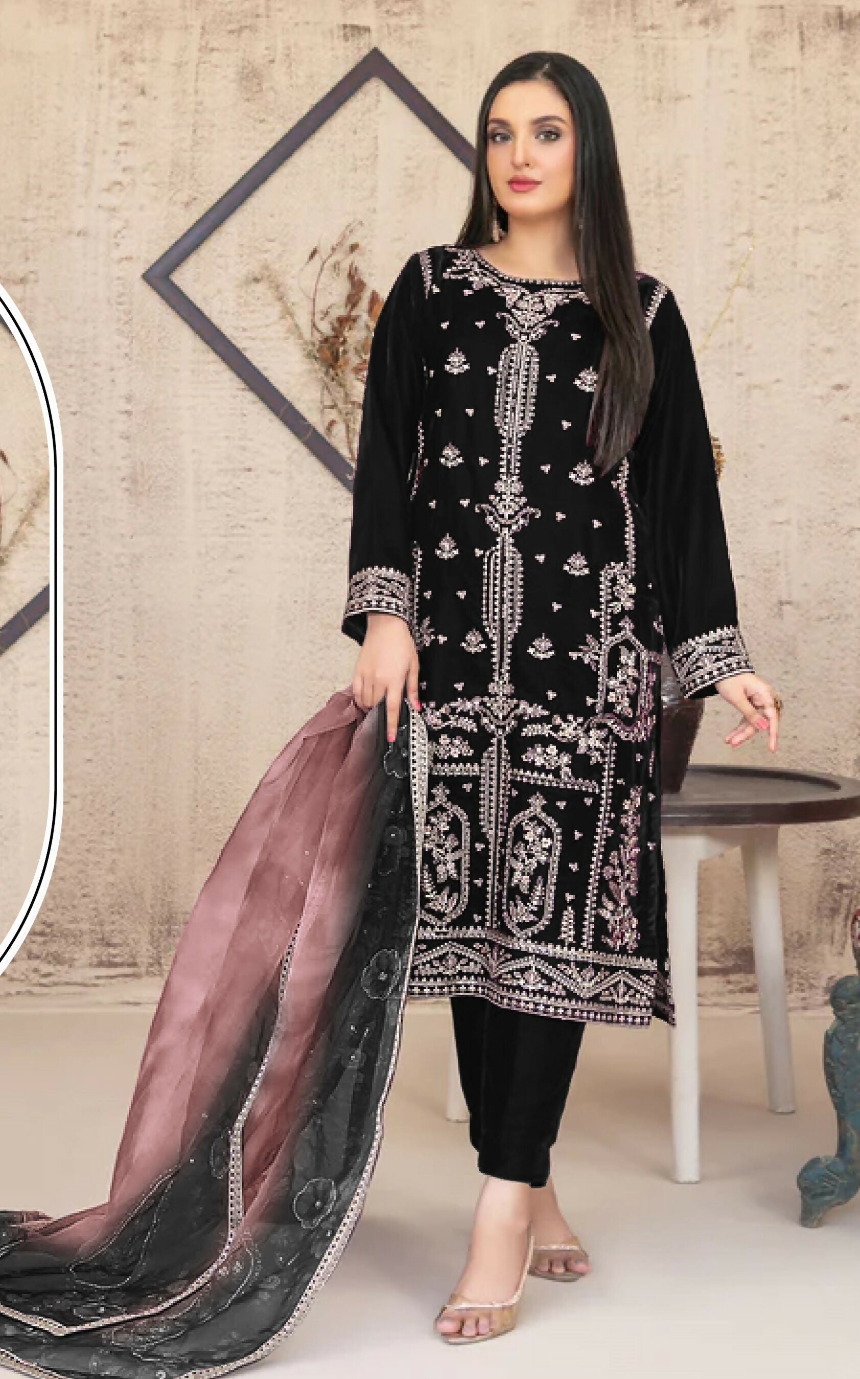 Anaita Black Velvet Suit with Embroidery Sequence Work