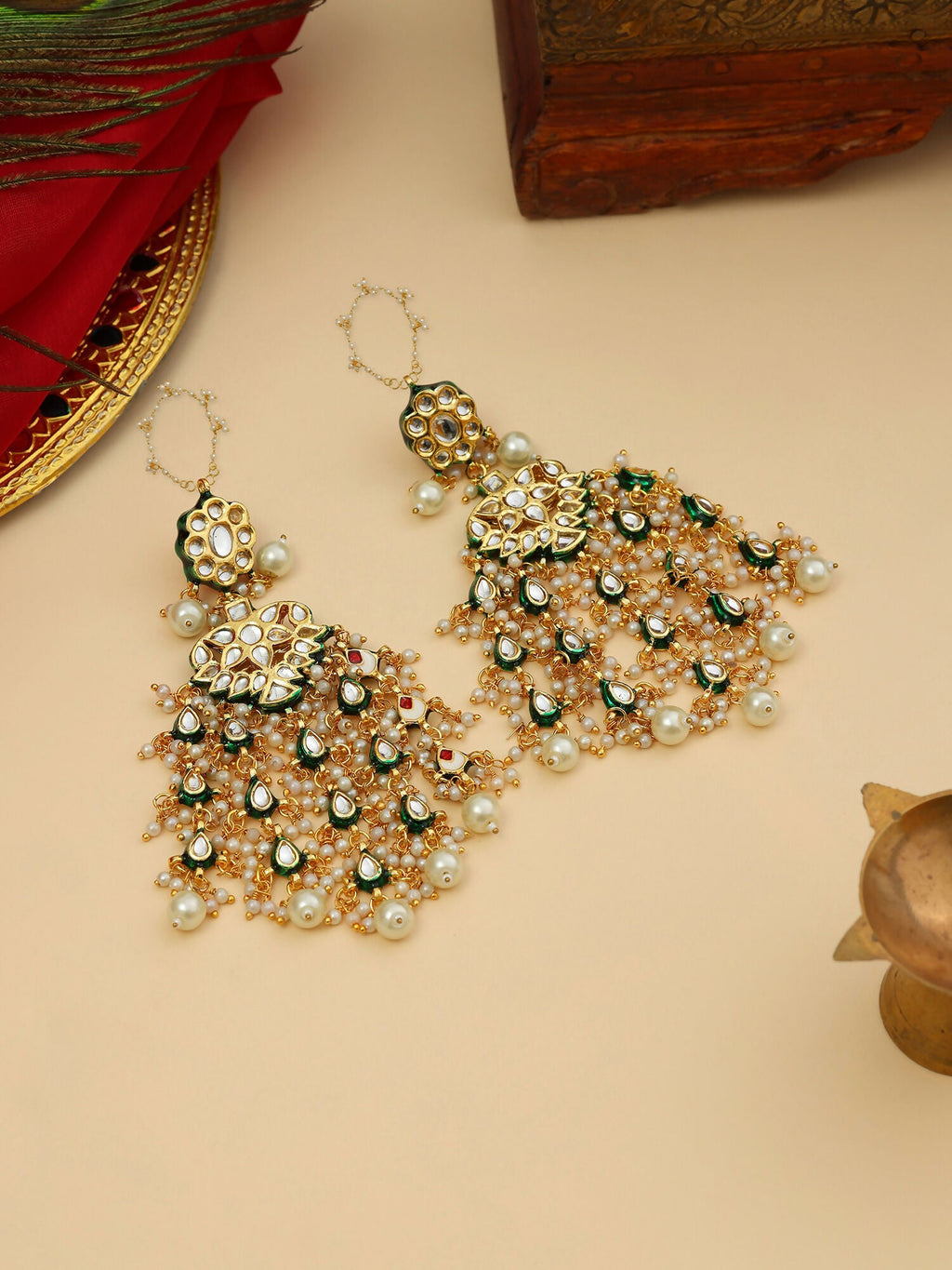 Ruby Raang 22k Gold Polished Kundan Chand Earrings With Ear Chains