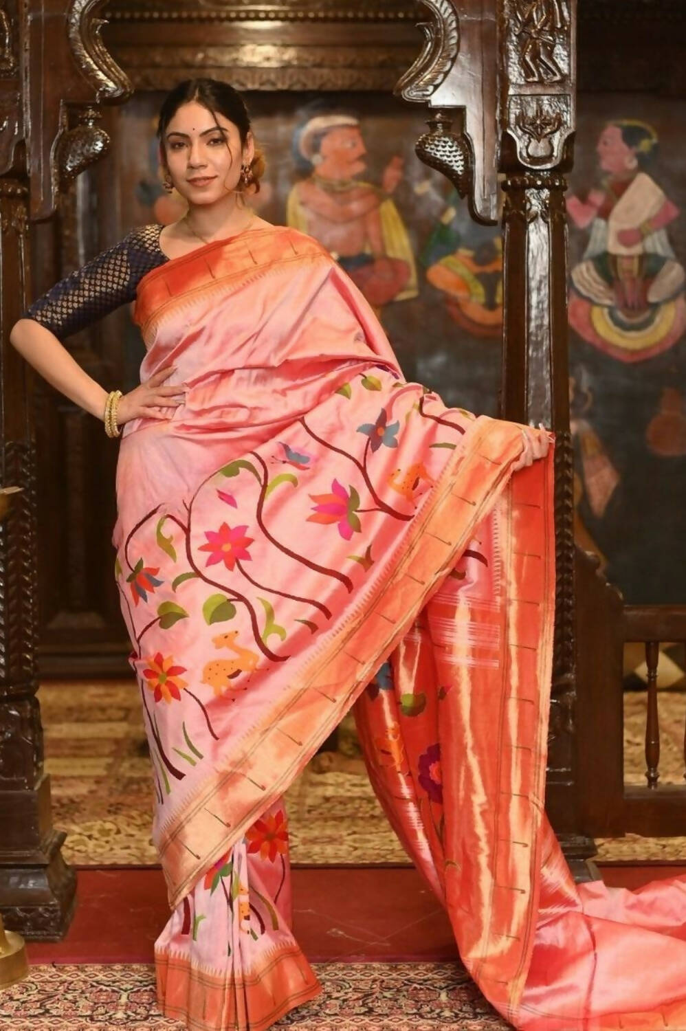 Very Much Indian Pure Silk Intricately Woven Handloom Paithani-Pretty Peach