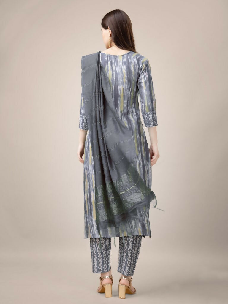Jyoti Fashion Women's Grey Rayon Print with Embroidery & Fancy Lace Work Kurta with Trouser & Dupatta
