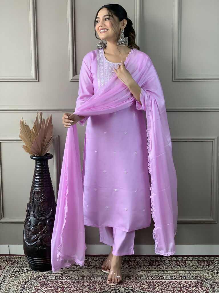 Lavender Viscose Chanderi Stitched Suit With Dupatta - Tanisha