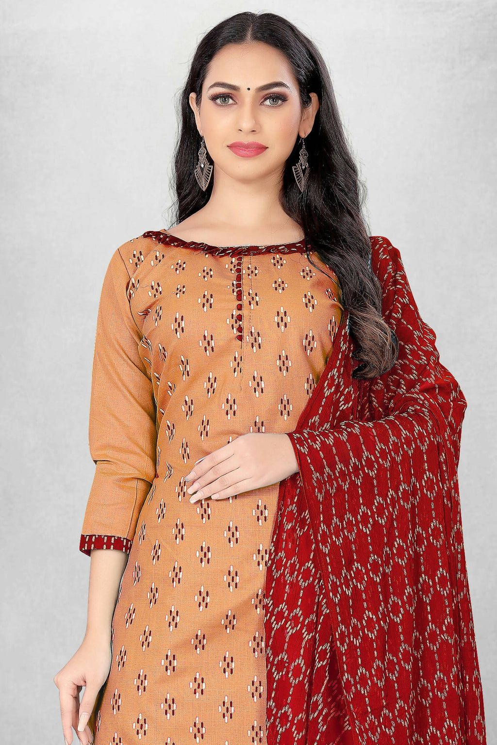 Beige Cotton Printed Unstitched Dress Material - Amara