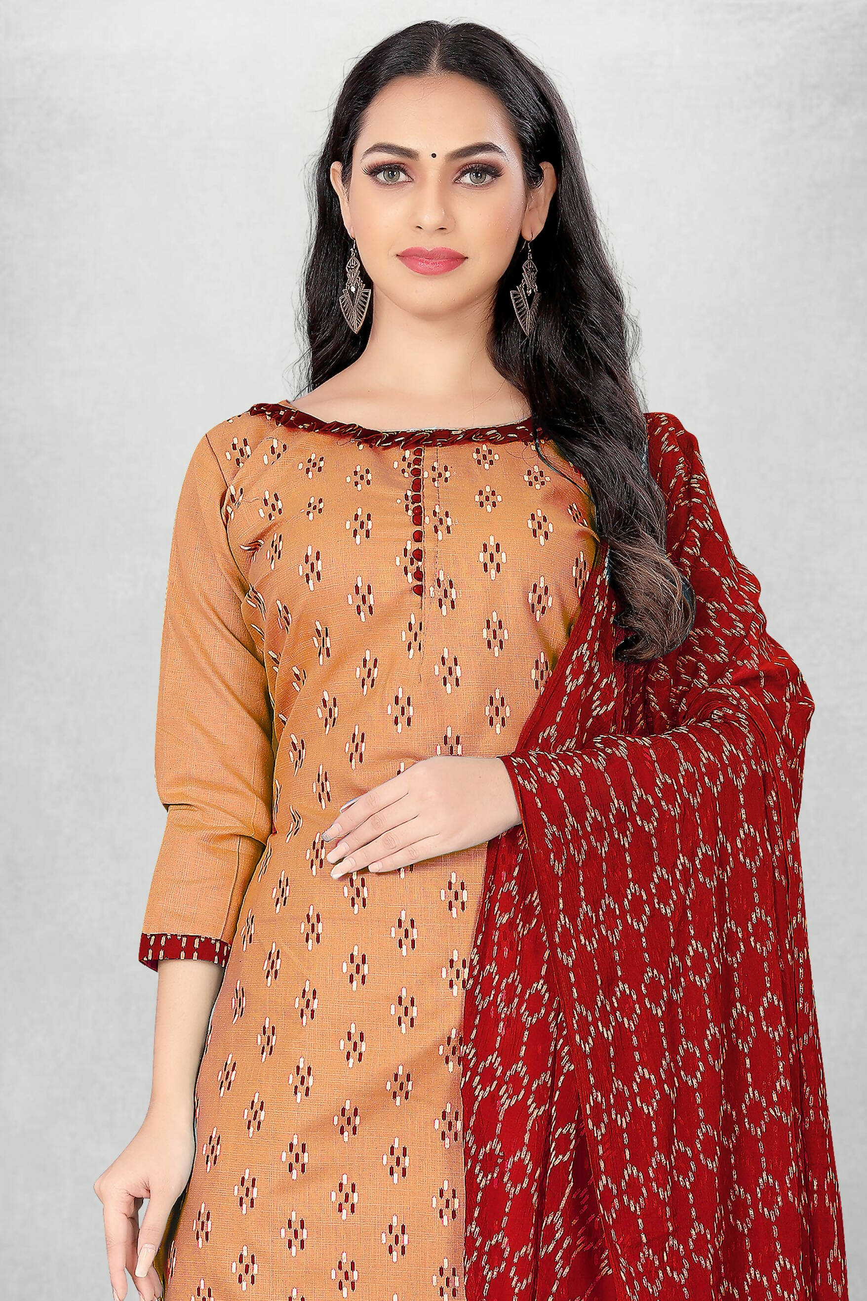 Beige Cotton Printed Unstitched Dress Material - Amara