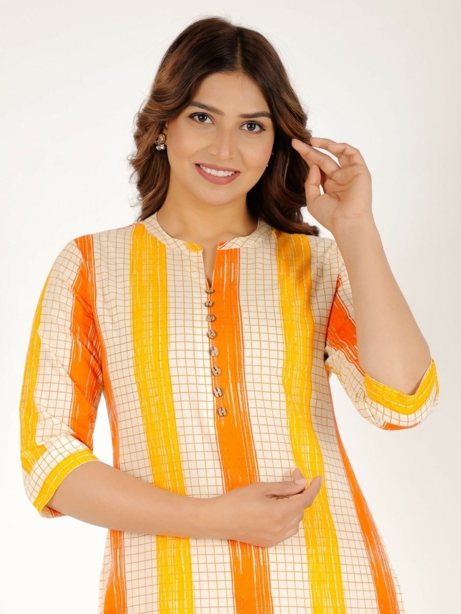 Aramya Yellow Soft Cotton Checkered Straight Kurta for Women