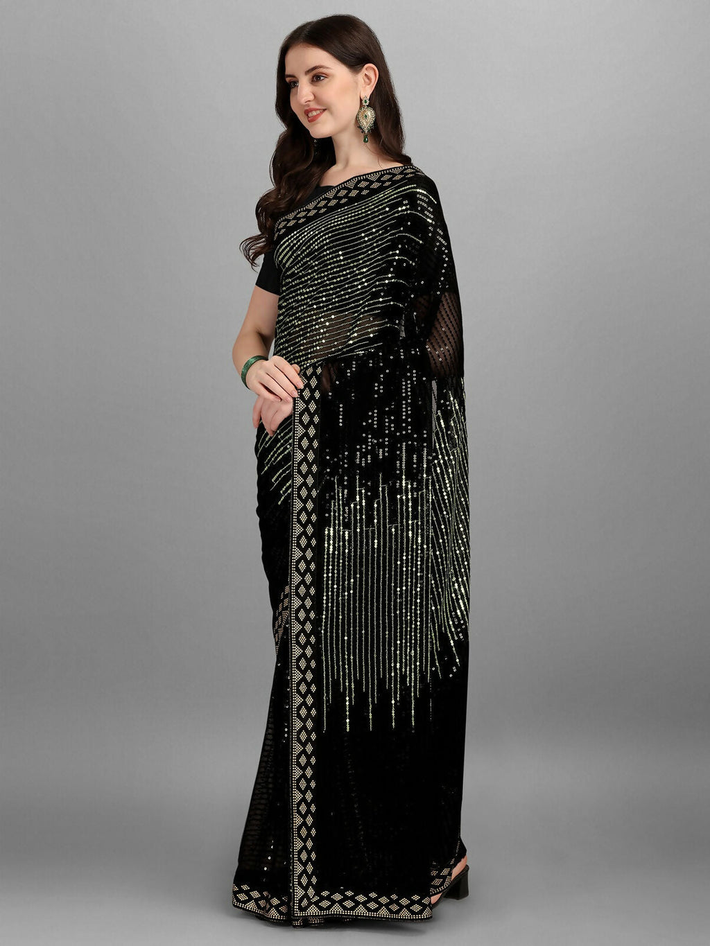 Vegaa Fashion Black Georgette Embroidered Party Wear Saree