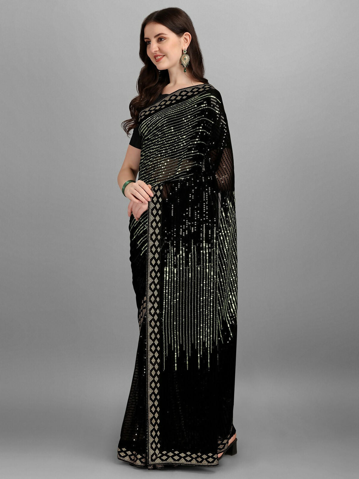 Vegaa Fashion Black Georgette Embroidered Party Wear Saree