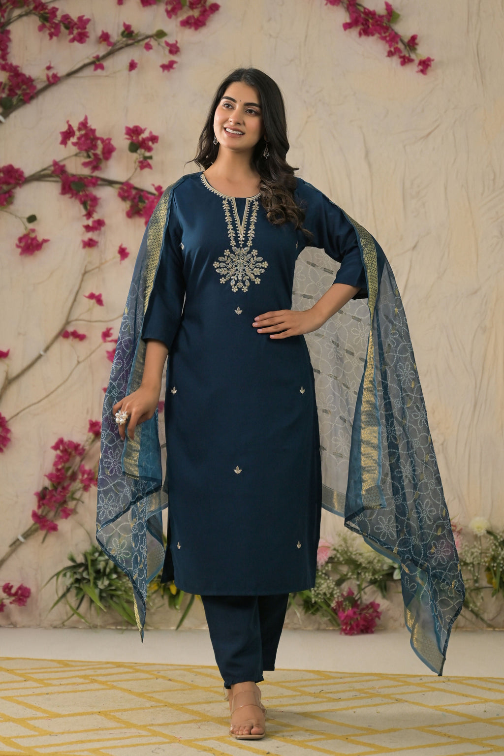 Ethnic Festive Wear Reyon Petrol Stitched Suit With Dupatta - Tanisha