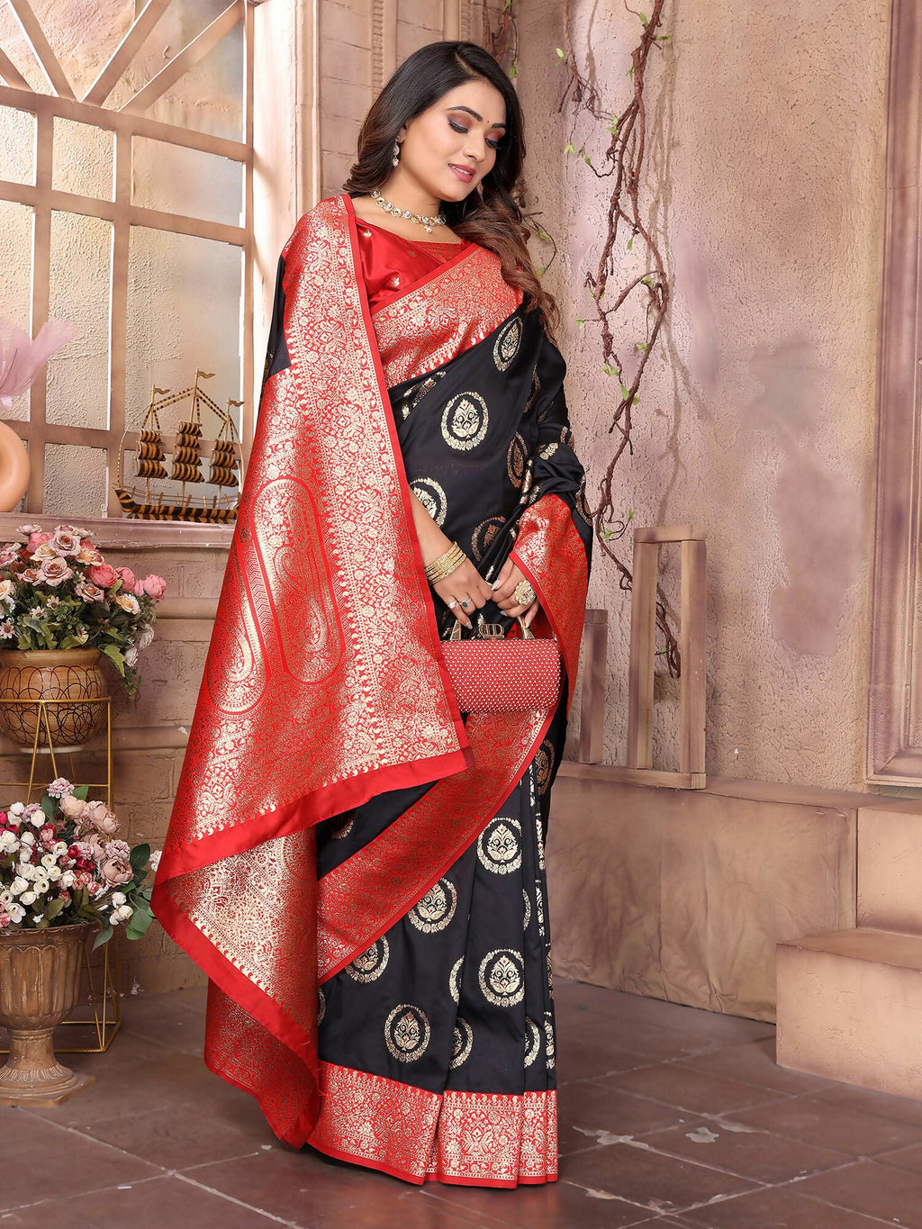 Joban Fashion Black Banarasi Soft Silk Woven Saree