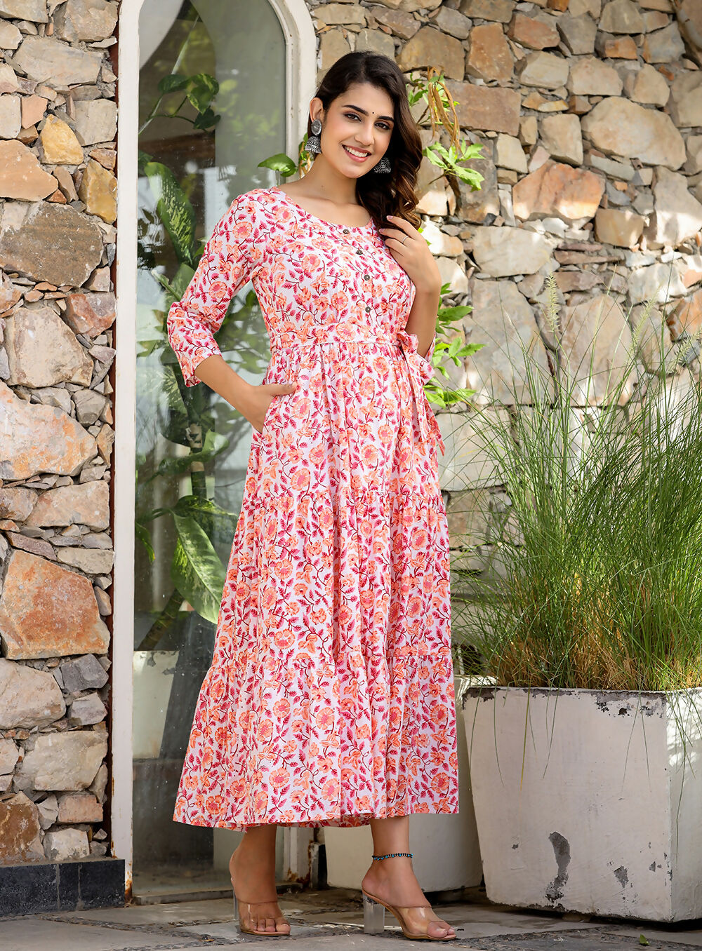 Kaajh Women's Orange Ethnic Floral Hand Block Print Cotton Dress