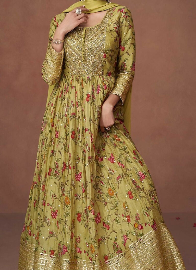 Vastranavya Green Floral Printed Anarkali Suit Set with Foil Mirror Work