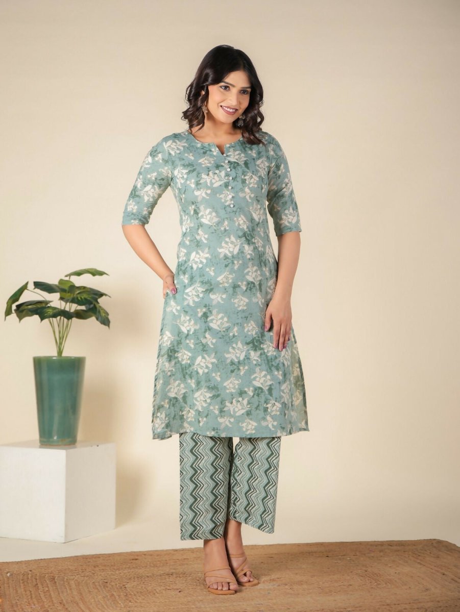 Aramya Green Soft Cotton Floral Print A-line Kurta Set for Women