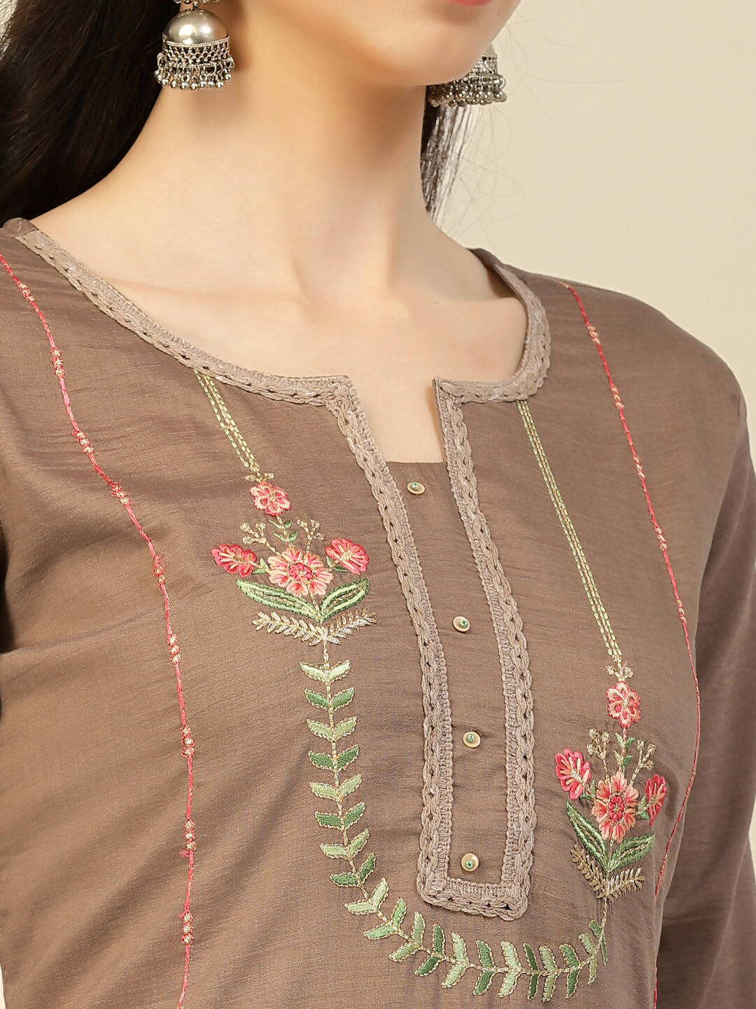 Brown Embroidered Chinon Straight Kurta With Trouser & Dupatta - Salimar