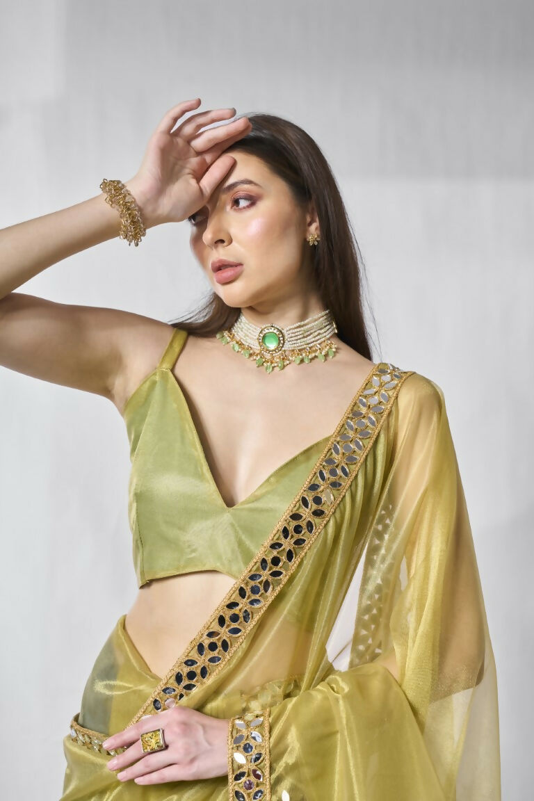 Green Gold Tissue Net Solid & Gold Cotted Saree - Samaa
