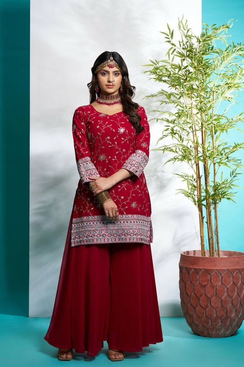 Aayaa Designer Faux Gorgette Embroidery Zari Sequins Thread work Full Flaired plazzo Suit with Dupatta - Maroon