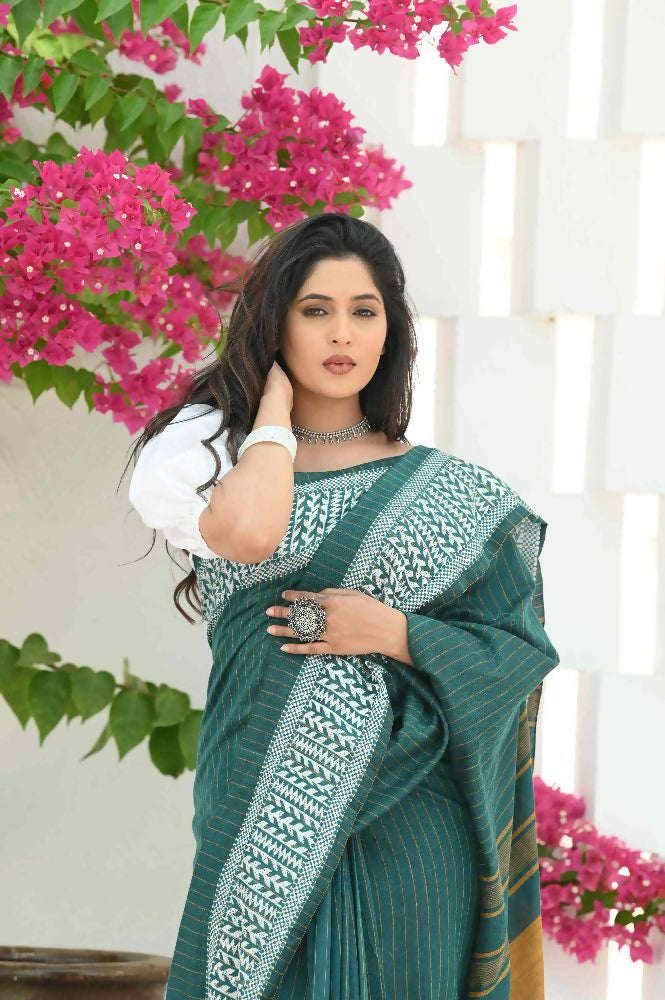 Beatitude Green Cotton Jacqaurd Border Tangail Handloom Saree
