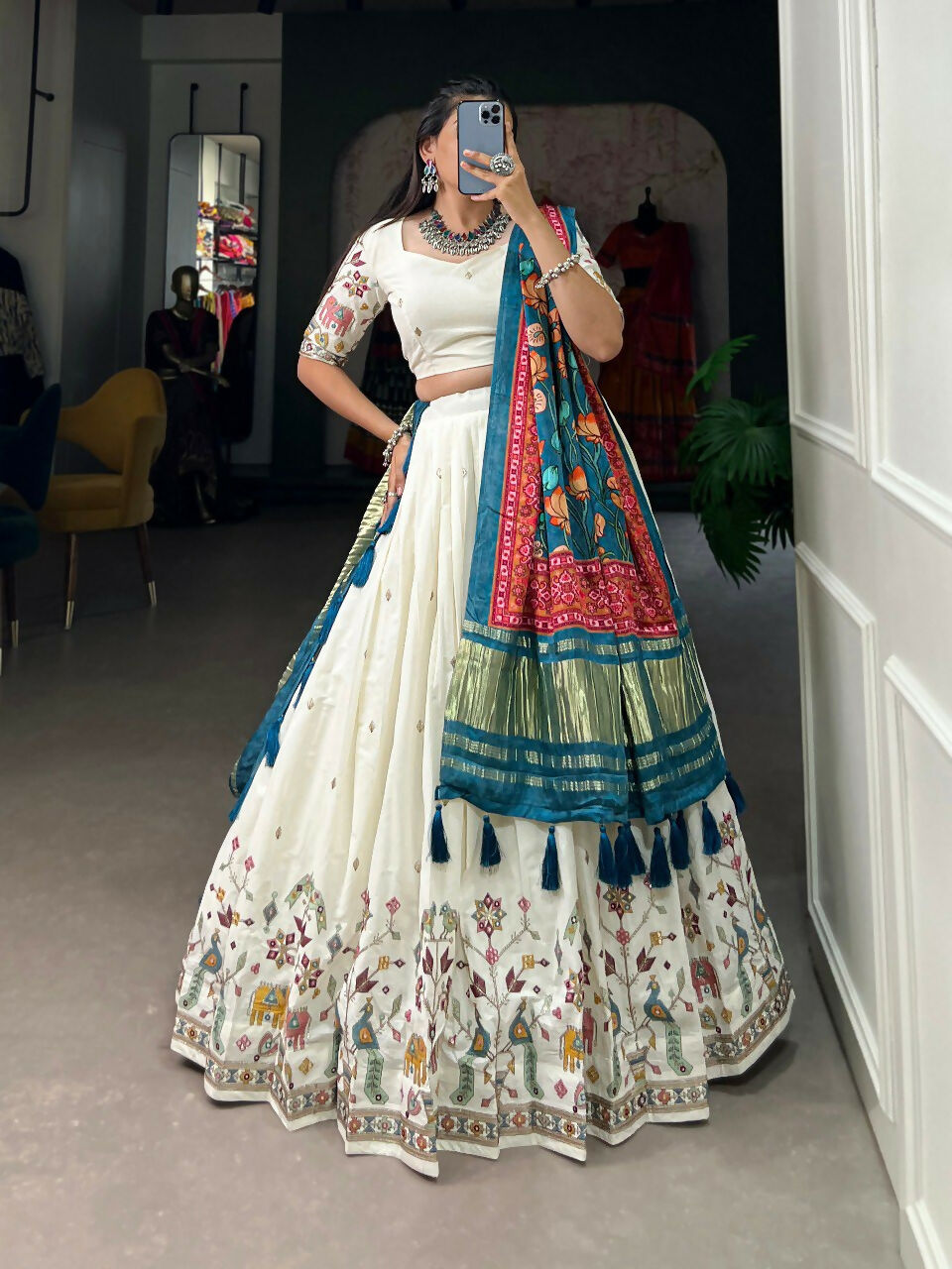 Vastranavya Traditional Special Khadi Cotton Sequins And Thread Embroidery Work Lehenga with Unstitched Blouse - White