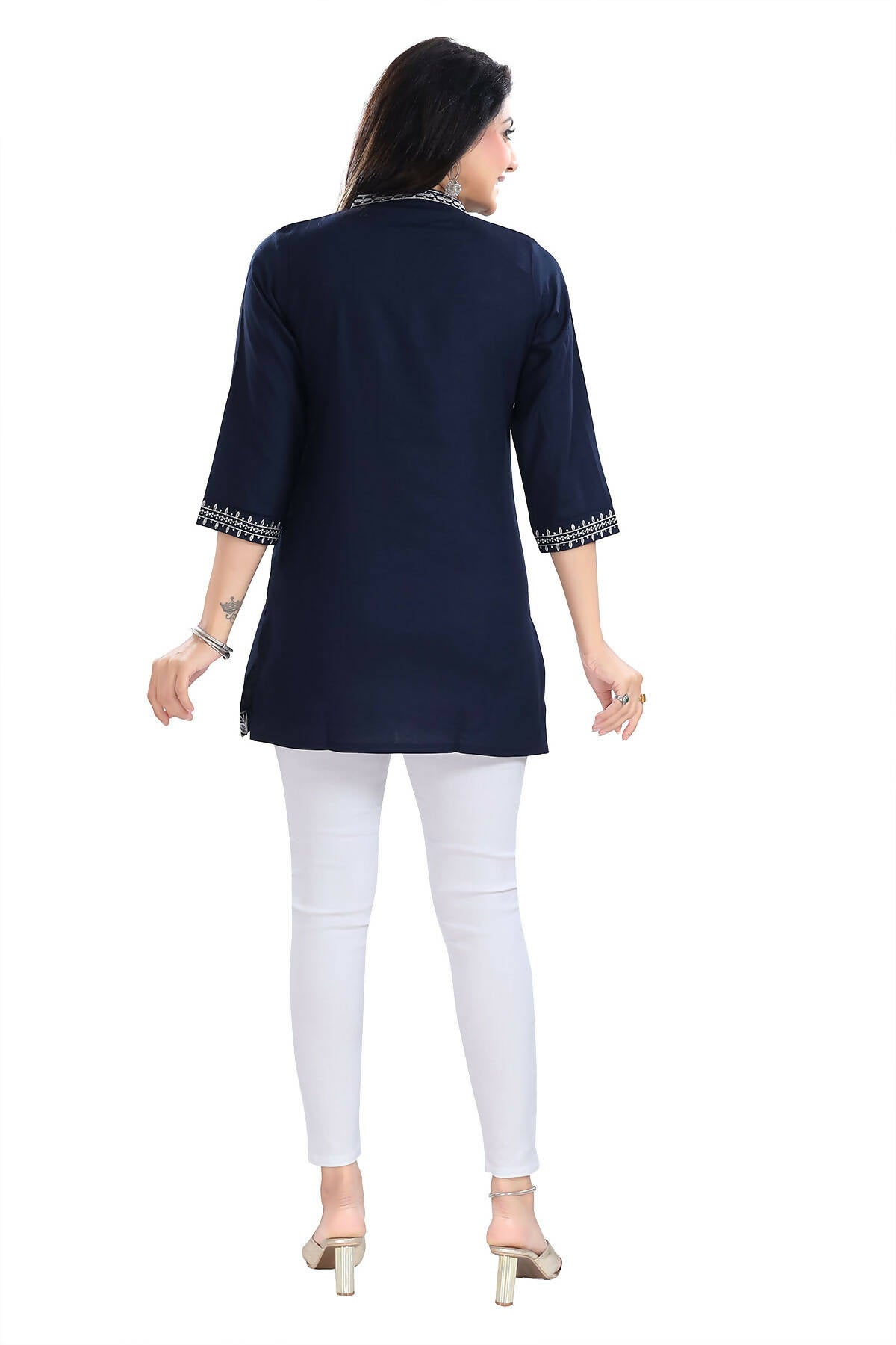 Snehal Creations Novel Navy Blue Women Embroidered Boho Chic Tunic Top