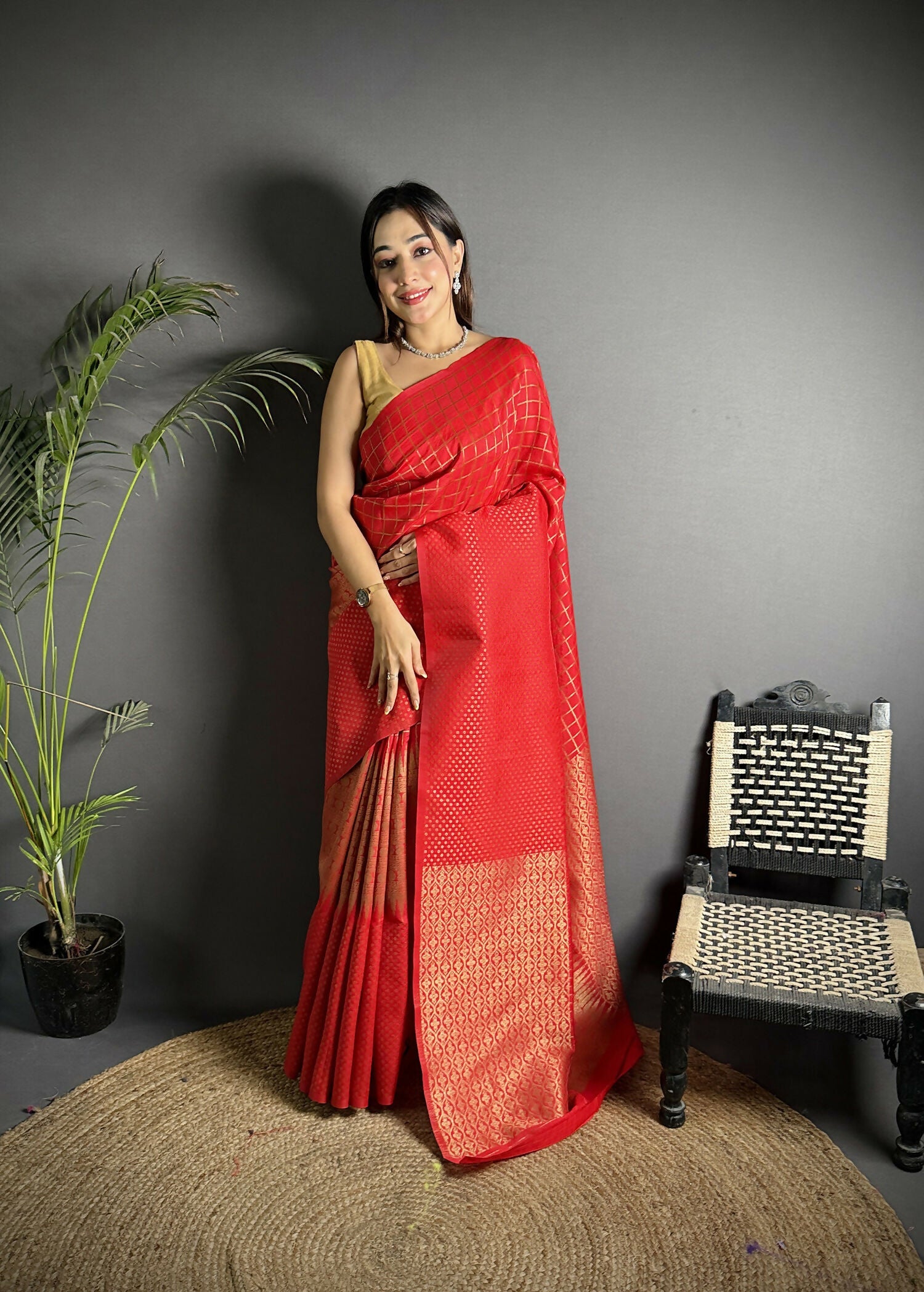 Joban Fashion Red Banarasi Soft Lichi Silk Checks & Woven Saree