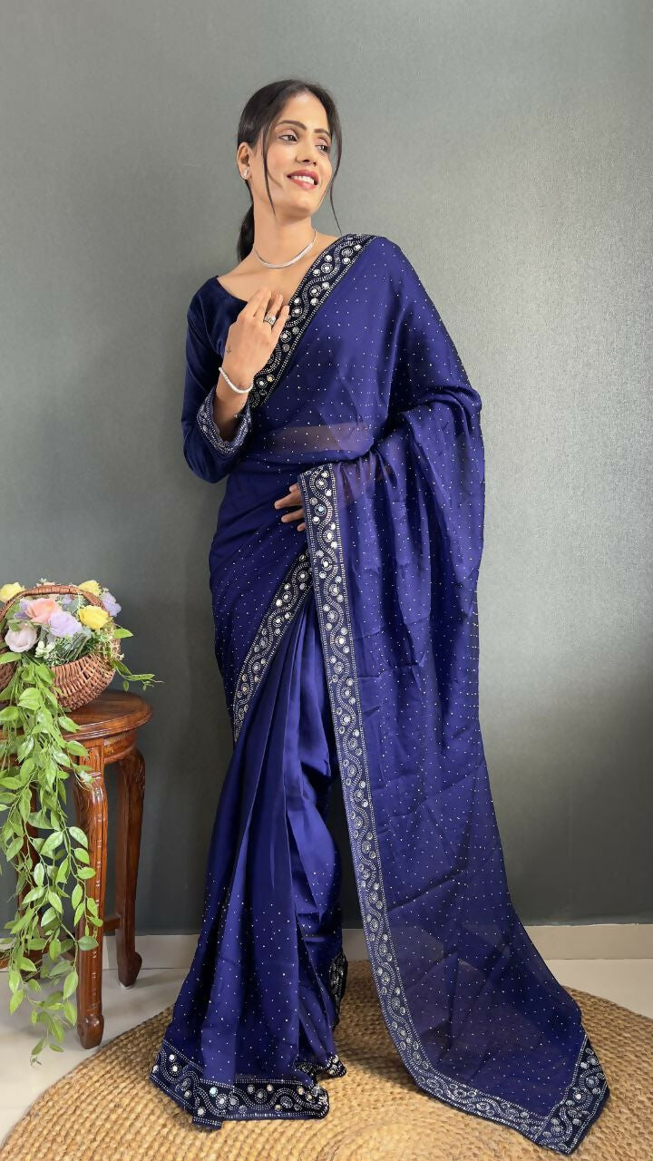 Vastranavya Blue Rangoli Silk Real Mirror work with Swarovski work Ready to Wear Saree