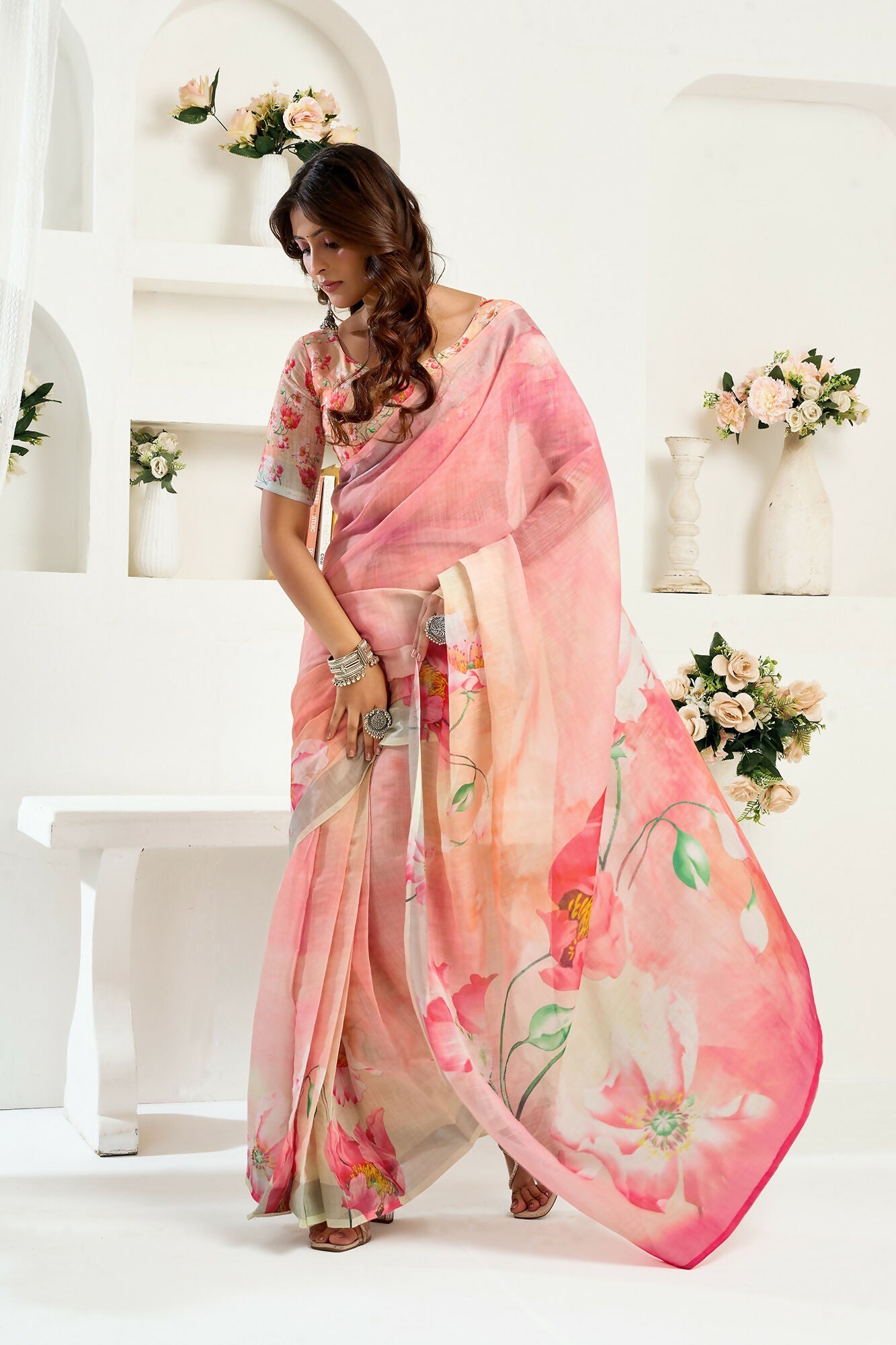 Vastranavya Peach Digital Printed Linen Ready To Wear Designer Saree with Unstitched Blouse