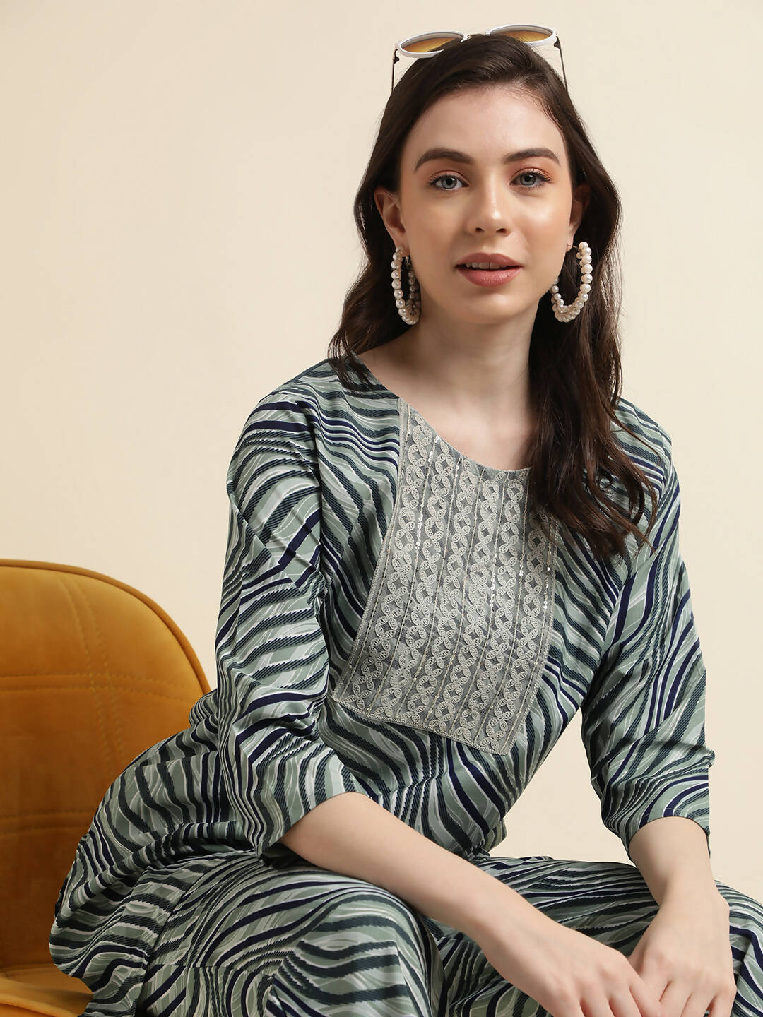 Green Poly Crepe Digital Printed Top with Matching Bottom - Preeti