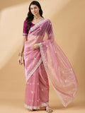 Pink Organza Sequence Embroidered Saree with Unstitched Blouse - Satya
