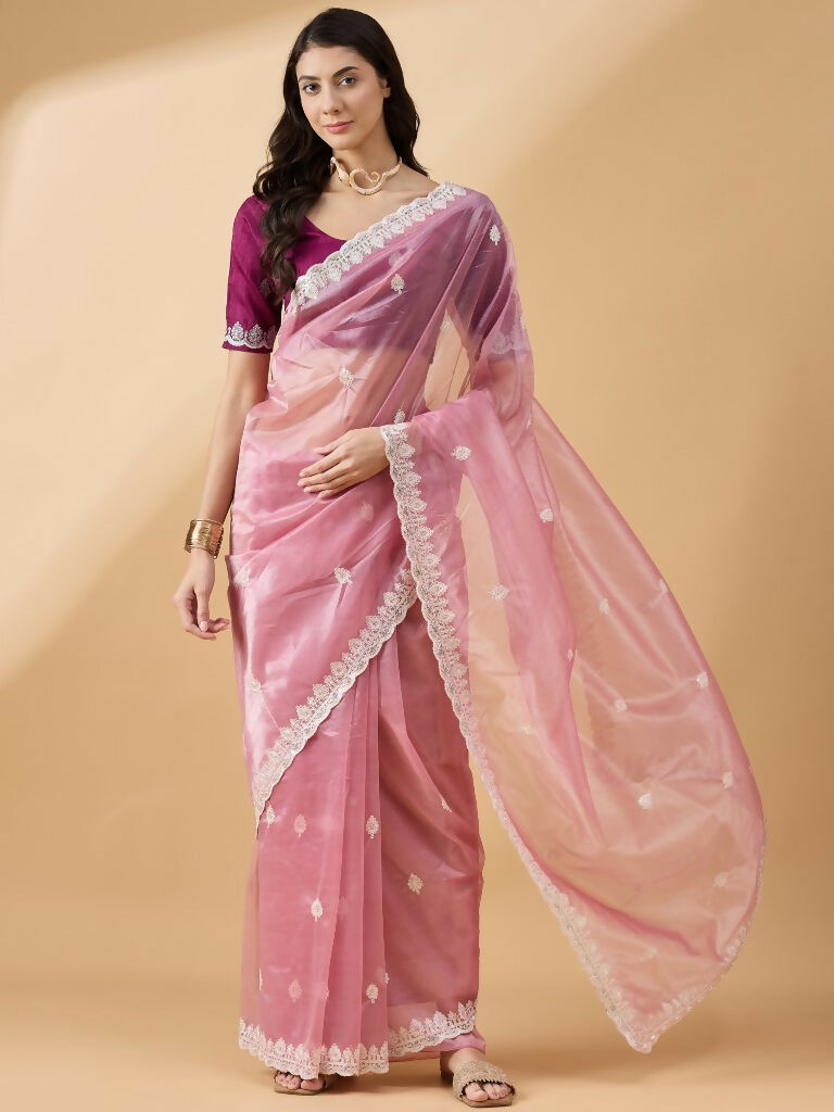 Pink Organza Sequence Embroidered Saree with Unstitched Blouse - Satya